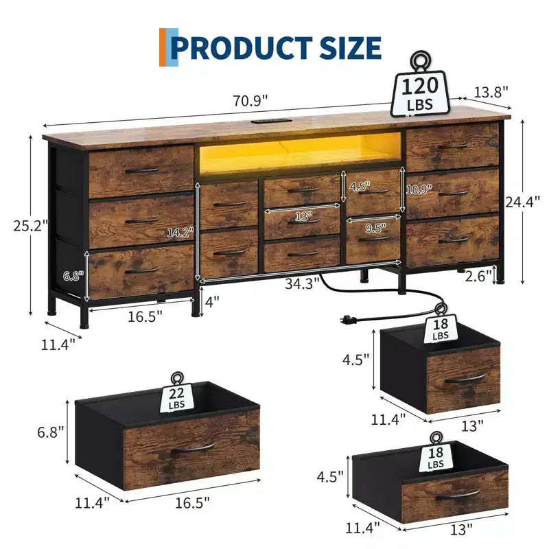 Meuble TV commode long de 70 pouces pour TV de 65, 75, 80 pouces, large commode à 13 tiroirs en tissu, grand centre de divertissement pour chambre