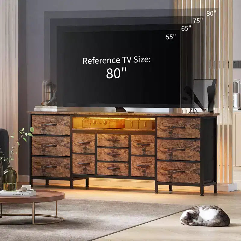 Meuble TV commode long de 70 pouces pour TV de 65, 75, 80 pouces, large commode à 13 tiroirs en tissu, grand centre de divertissement pour chambre