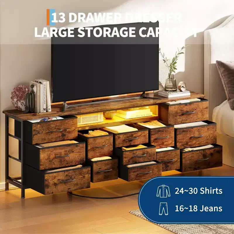 Meuble TV commode long de 70 pouces pour TV de 65, 75, 80 pouces, large commode à 13 tiroirs en tissu, grand centre de divertissement pour chambre