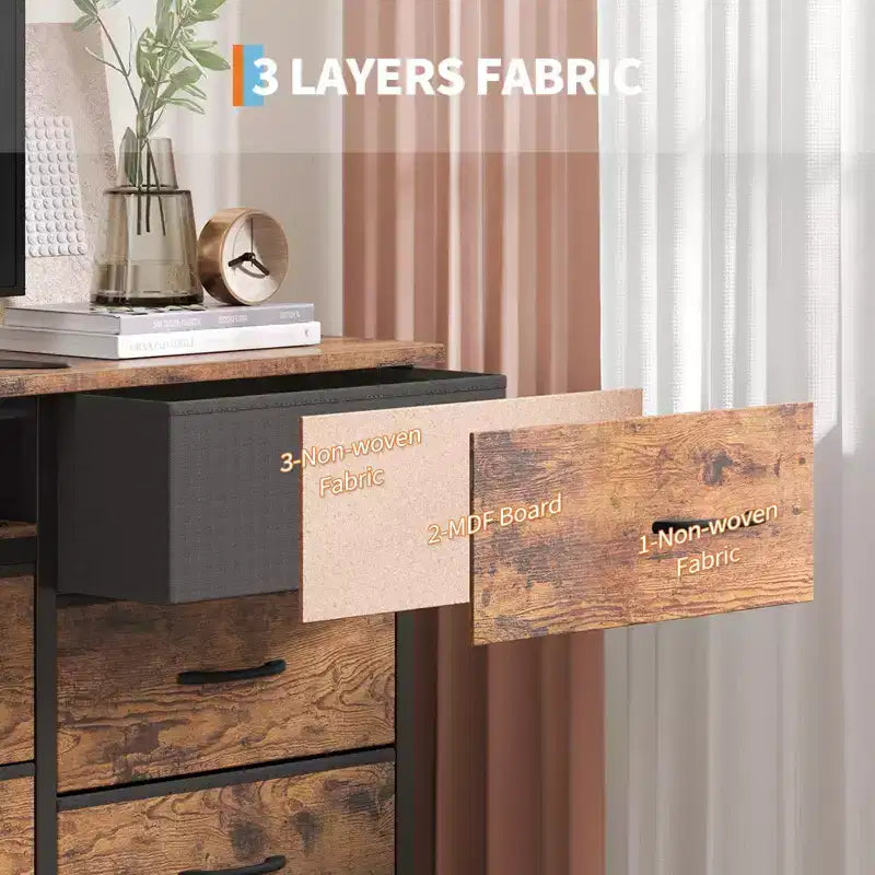 Meuble TV commode long de 70 pouces pour TV de 65, 75, 80 pouces, large commode à 13 tiroirs en tissu, grand centre de divertissement pour chambre