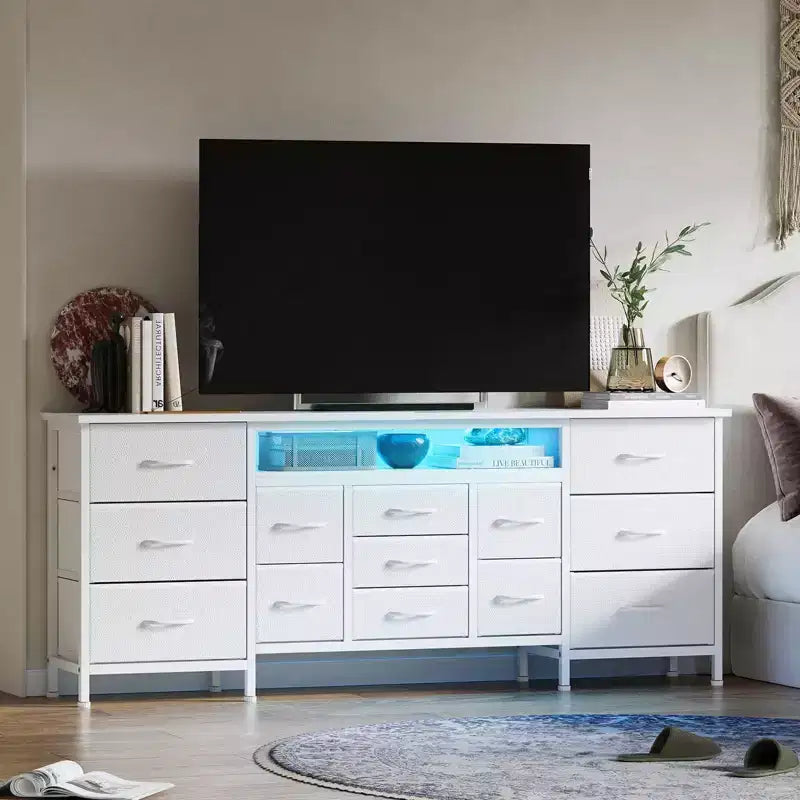 Meuble TV commode long de 70 pouces pour TV de 65, 75, 80 pouces, large commode à 13 tiroirs en tissu, grand centre de divertissement pour chambre