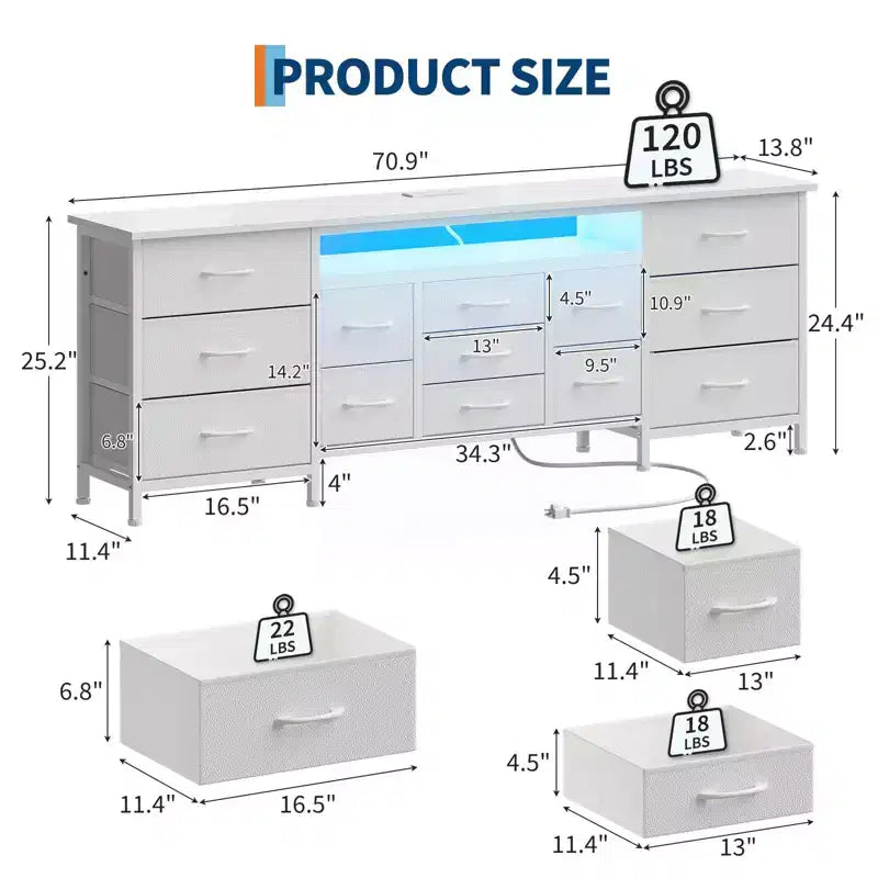 Meuble TV commode long de 70 pouces pour TV de 65, 75, 80 pouces, large commode à 13 tiroirs en tissu, grand centre de divertissement pour chambre