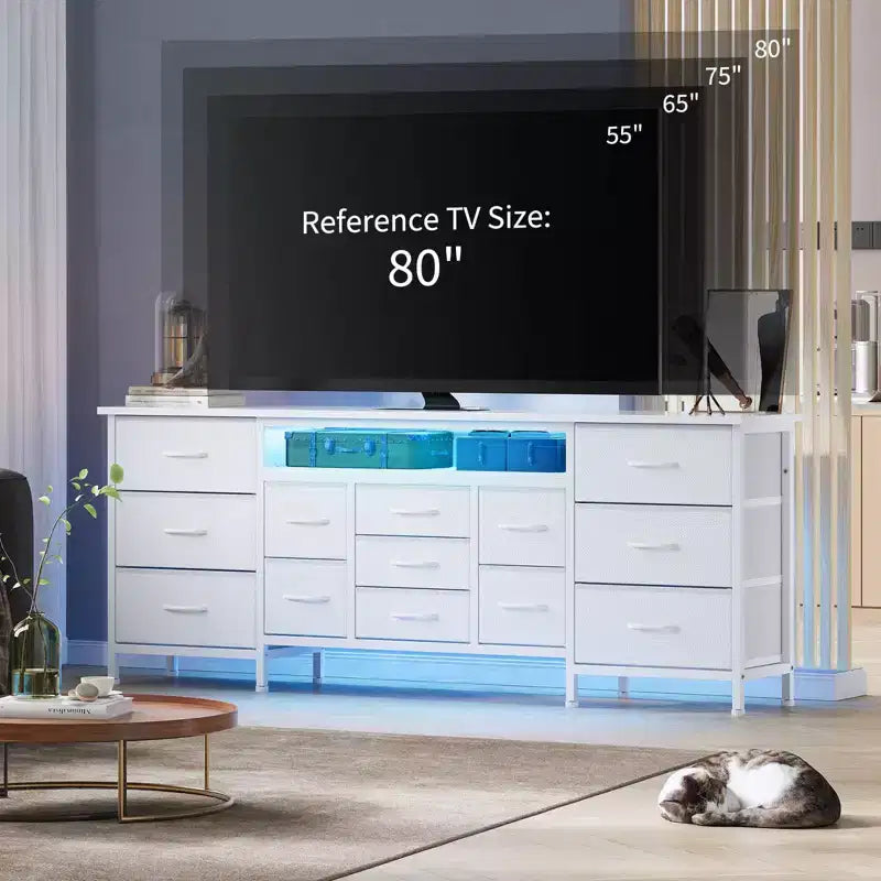 Meuble TV commode long de 70 pouces pour TV de 65, 75, 80 pouces, large commode à 13 tiroirs en tissu, grand centre de divertissement pour chambre