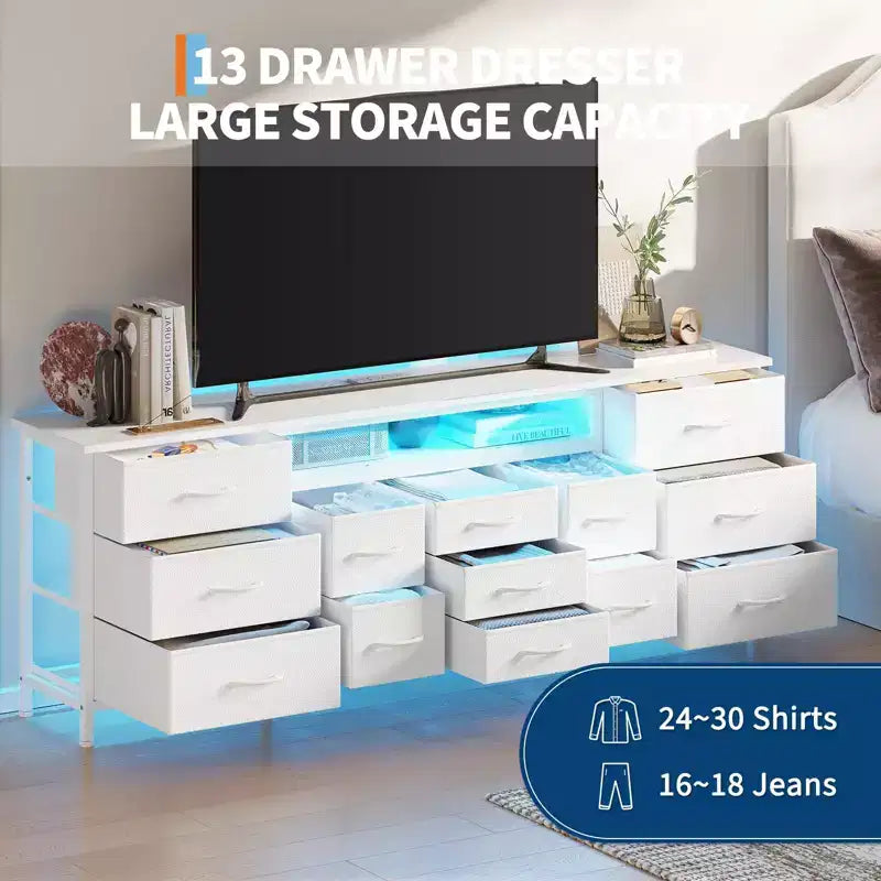 Meuble TV commode long de 70 pouces pour TV de 65, 75, 80 pouces, large commode à 13 tiroirs en tissu, grand centre de divertissement pour chambre