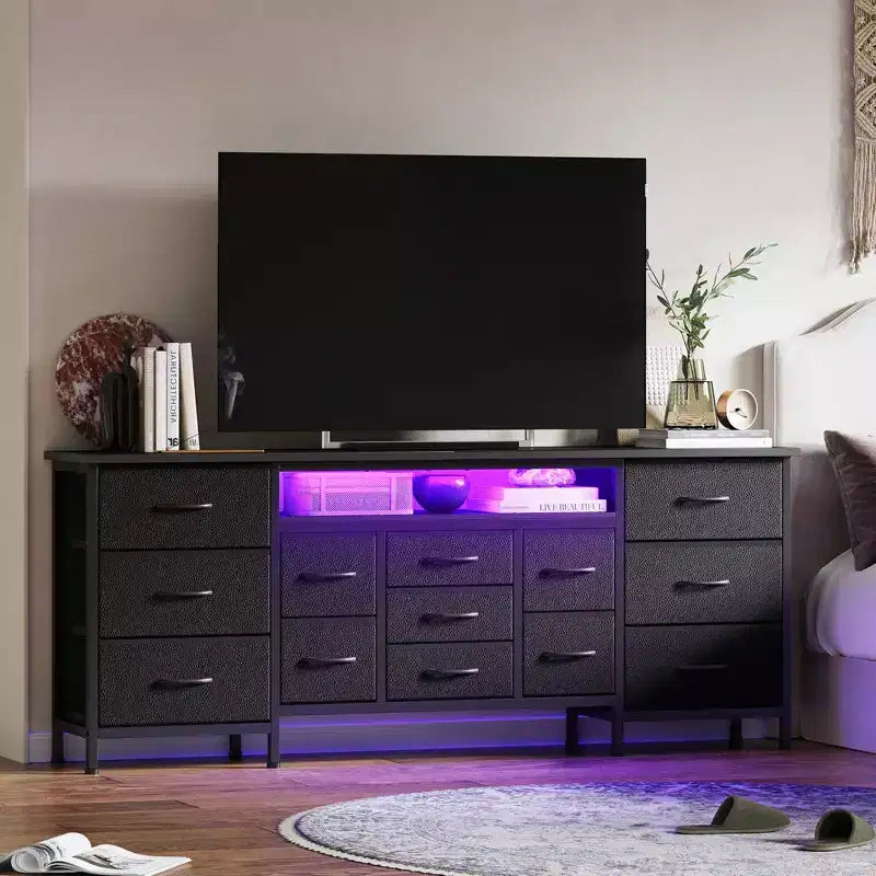 65, 75, 80 İnç TV için 70 İnç Uzunluğunda Şifonyer TV Sehpası, Geniş 13 Kumaş Çekmeceli Şifonyer, Yatak Odası için Büyük Eğlence Merkezi