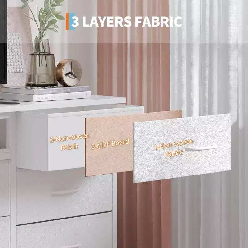 Meuble TV commode long de 70 pouces pour TV de 65, 75, 80 pouces, large commode à 13 tiroirs en tissu, grand centre de divertissement pour chambre