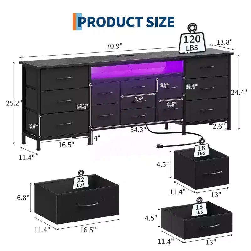 Meuble TV commode long de 70 pouces pour TV de 65, 75, 80 pouces, large commode à 13 tiroirs en tissu, grand centre de divertissement pour chambre