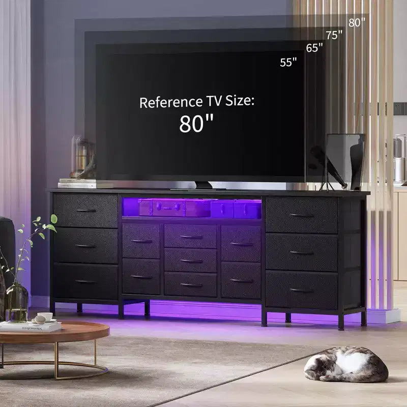 65, 75, 80 İnç TV için 70 İnç Uzunluğunda Şifonyer TV Sehpası, Geniş 13 Kumaş Çekmeceli Şifonyer, Yatak Odası için Büyük Eğlence Merkezi