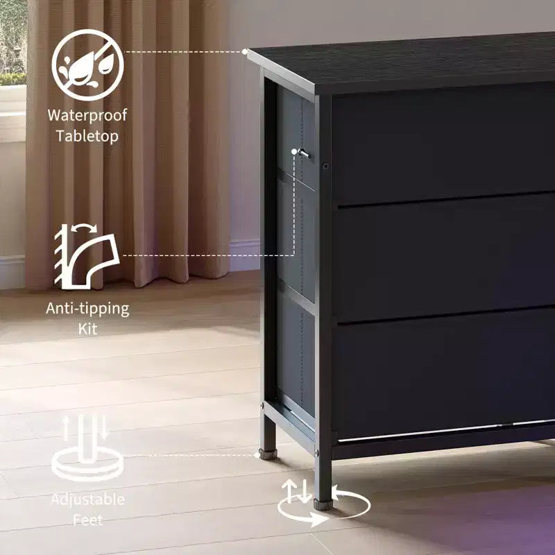 Meuble TV commode long de 70 pouces pour TV de 65, 75, 80 pouces, large commode à 13 tiroirs en tissu, grand centre de divertissement pour chambre