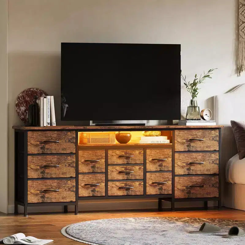 Meuble TV commode long de 70 pouces pour TV de 65, 75, 80 pouces, large commode à 13 tiroirs en tissu, grand centre de divertissement pour chambre