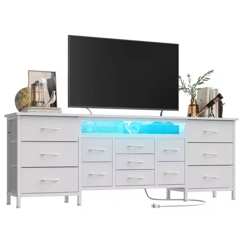 65, 75, 80 İnç TV için 70 İnç Uzunluğunda Şifonyer TV Sehpası, Geniş 13 Kumaş Çekmeceli Şifonyer, Yatak Odası için Büyük Eğlence Merkezi