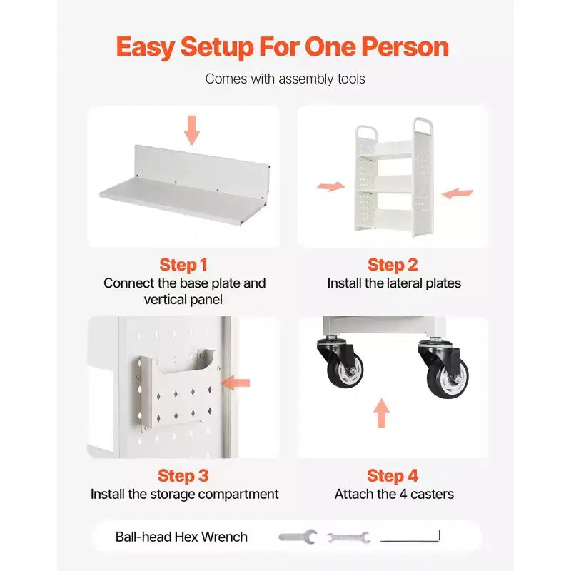 Rolling Library Book Cart, 330 lbs Capacity, 30.3 x 15 x 48.0-Inch, Single Sided V-Shaped Shelves with 3-Inch Lockable Wheels, White