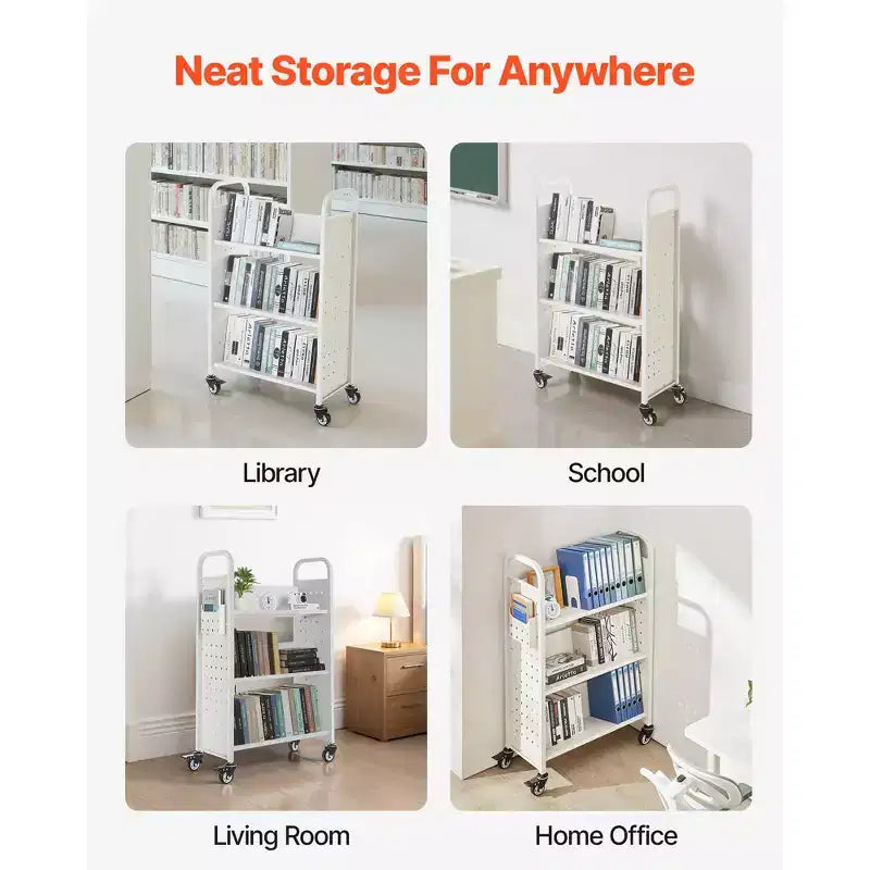 Rolling Library Book Cart, 330 lbs Capacity, 30.3 x 15 x 48.0-Inch, Single Sided V-Shaped Shelves with 3-Inch Lockable Wheels, White