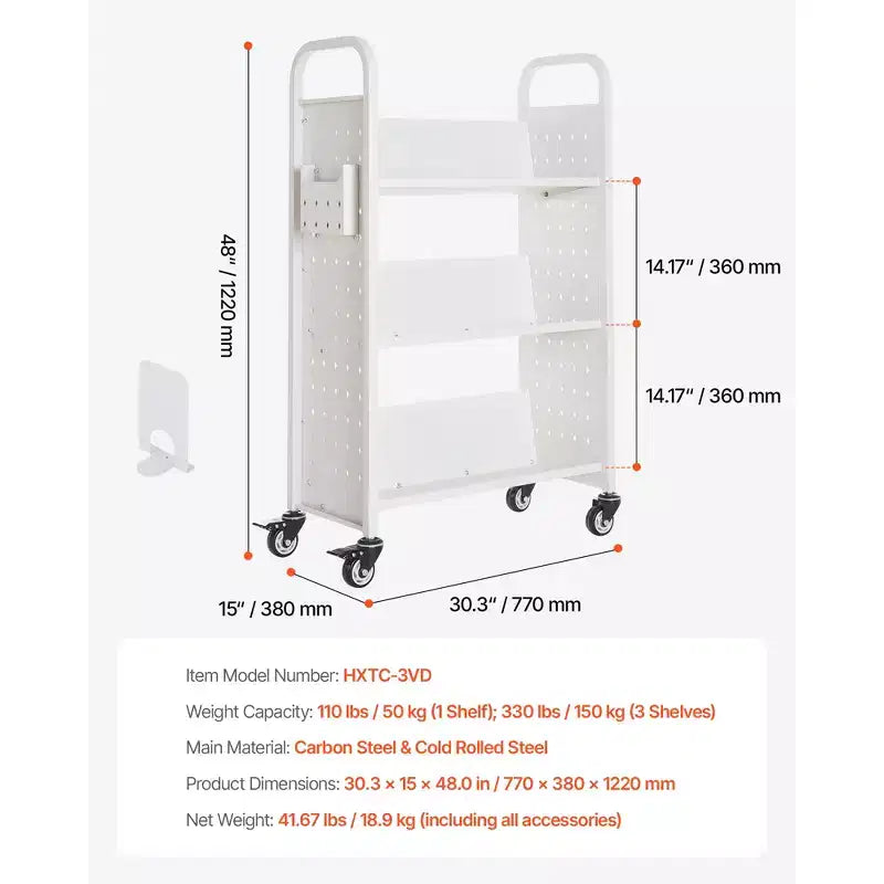 Rolling Library Book Cart, 330 lbs Capacity, 30.3 x 15 x 48.0-Inch, Single Sided V-Shaped Shelves with 3-Inch Lockable Wheels, White