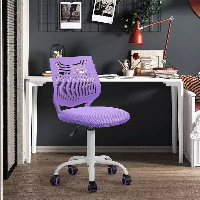 Armless Small Computer Study Task Chair, Adjustable Swivel Low Back with Rolling Wheels for Teens Students, Purple