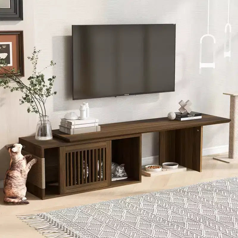Orta Çağ Tarzı Modern Ceviz TV Sehpası, Uzatılabilir Masa, Yumuşak Minderler, Sürgülü Kapılar ve Kedi Dostu Mobilya, Ceviz Rengi