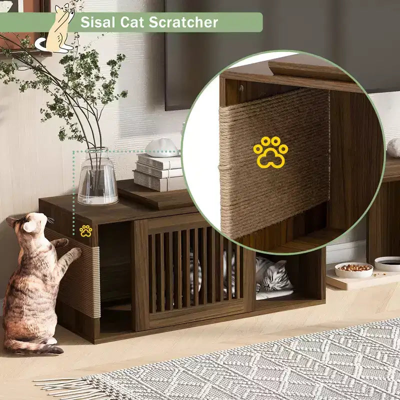 Meuble TV moderne en noyer style médiéval avec table extensible, coussins doux, portes coulissantes et mobilier adapté aux chats, noyer