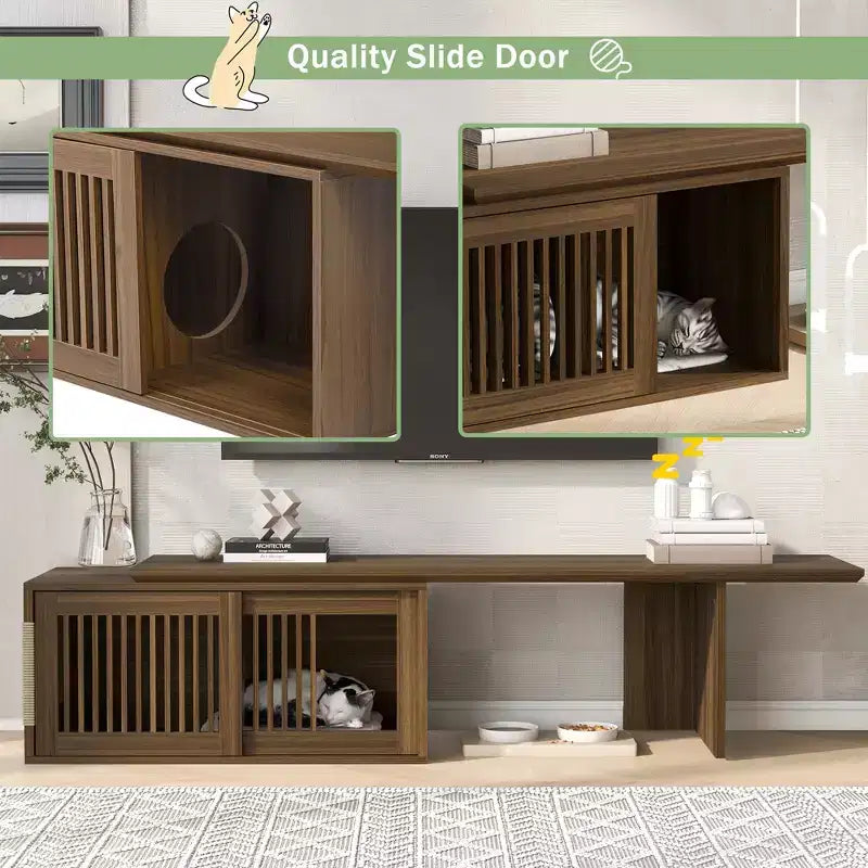Orta Çağ Tarzı Modern Ceviz TV Sehpası, Uzatılabilir Masa, Yumuşak Minderler, Sürgülü Kapılar ve Kedi Dostu Mobilya, Ceviz Rengi