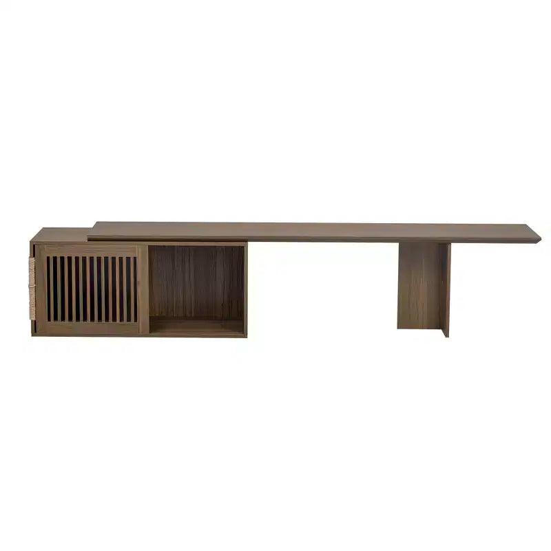 Meuble TV moderne en noyer style médiéval avec table extensible, coussins doux, portes coulissantes et mobilier adapté aux chats, noyer