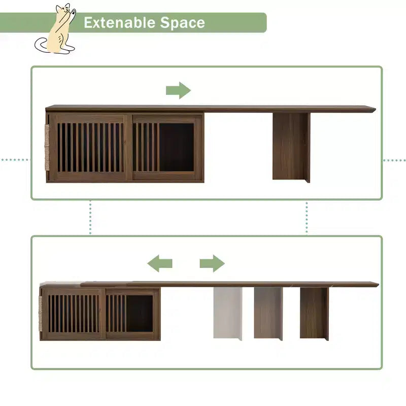 Meuble TV moderne en noyer style médiéval avec table extensible, coussins doux, portes coulissantes et mobilier adapté aux chats, noyer