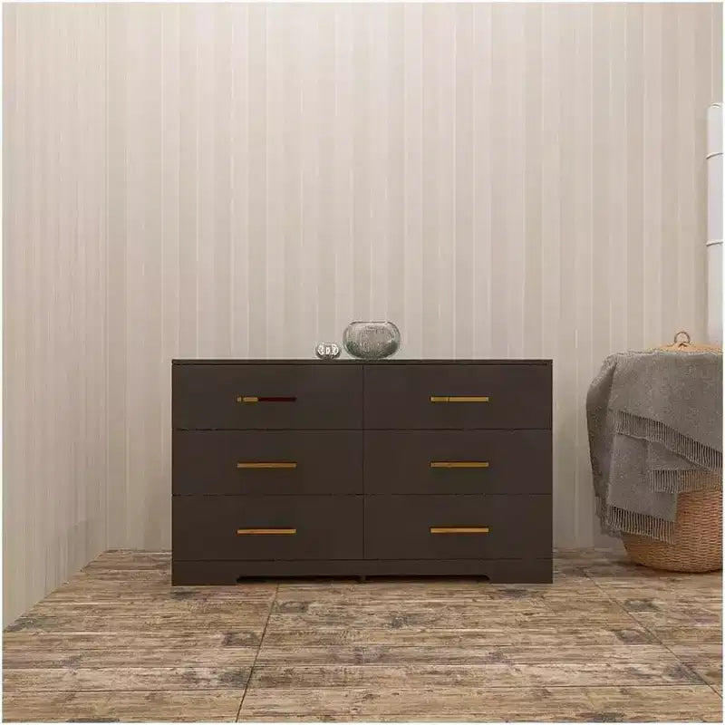 Grande commode noire à 6 tiroirs avec poignées dorées