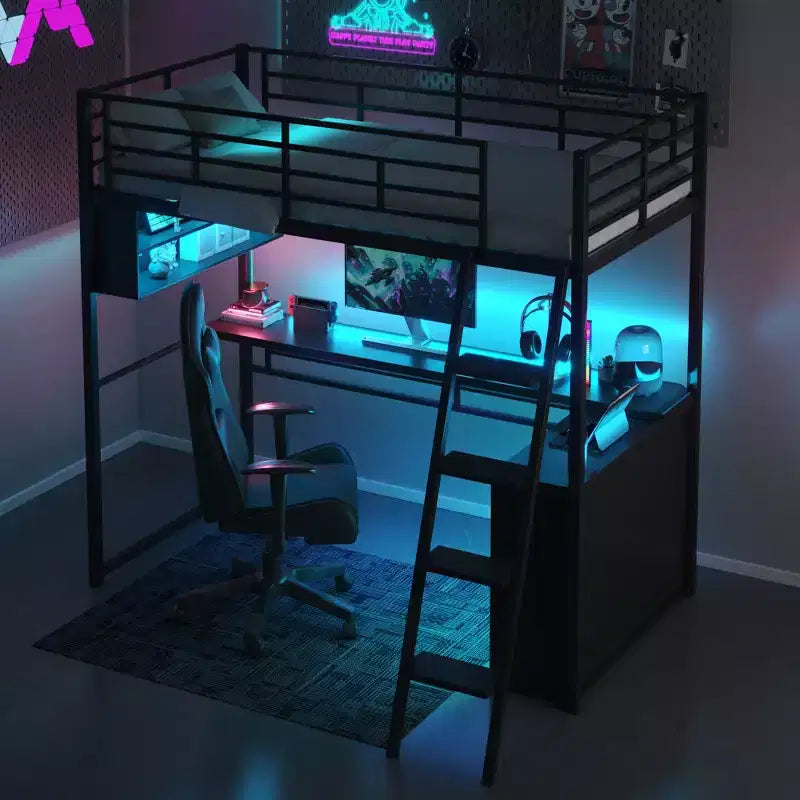 LED Aydınlatmalı Metal Loft Yatak, Masa ve 4 Depolama Rafı