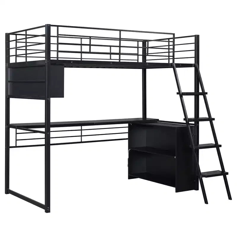 LED Aydınlatmalı Metal Loft Yatak, Masa ve 4 Depolama Rafı
