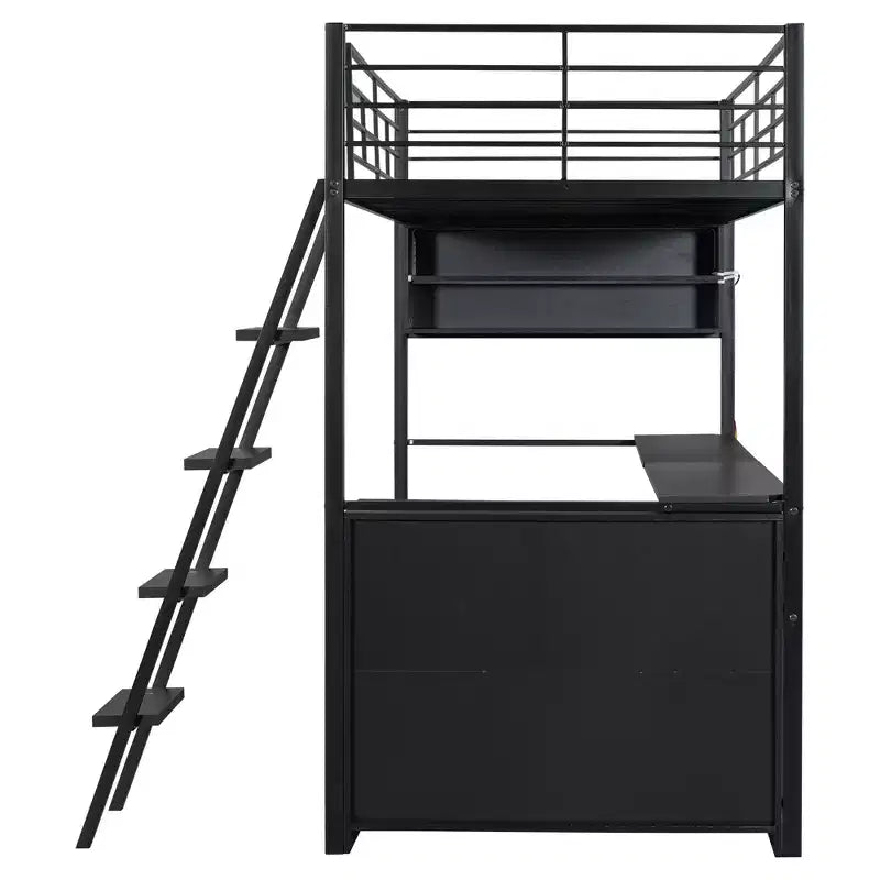 Cama loft metálica con iluminación LED, escritorio y 4 estantes de almacenamiento