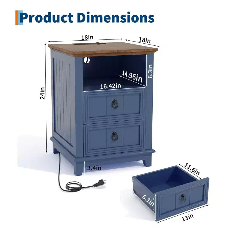 Houten nachtkastje met USB-oplaadstation, modern geribd nachtkastje, ladekast met 2 lades en plank, bedtafel