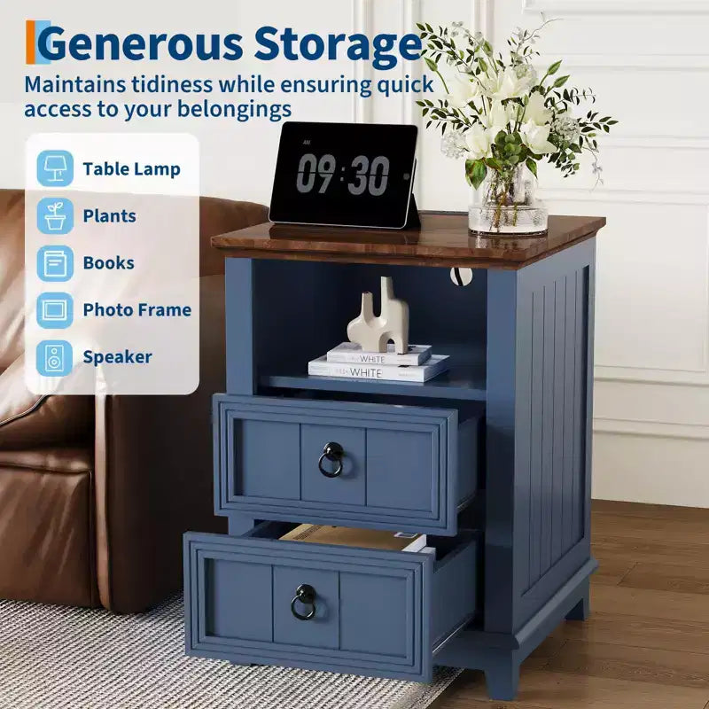 Houten nachtkastje met USB-oplaadstation, modern geribd nachtkastje, ladekast met 2 lades en plank, bedtafel