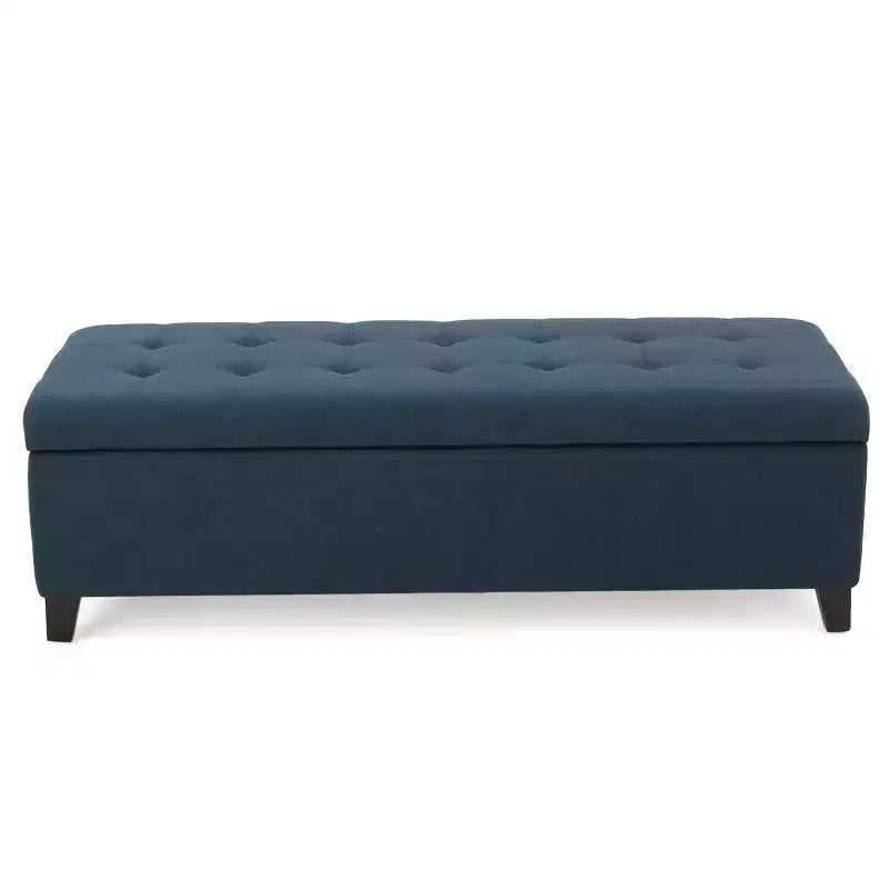 Otoman tapizado con almacenamiento y costura acolchada tipo waffle, banco de almacenamiento con patas de madera, banco para recibidor para sala de estar, azul marino