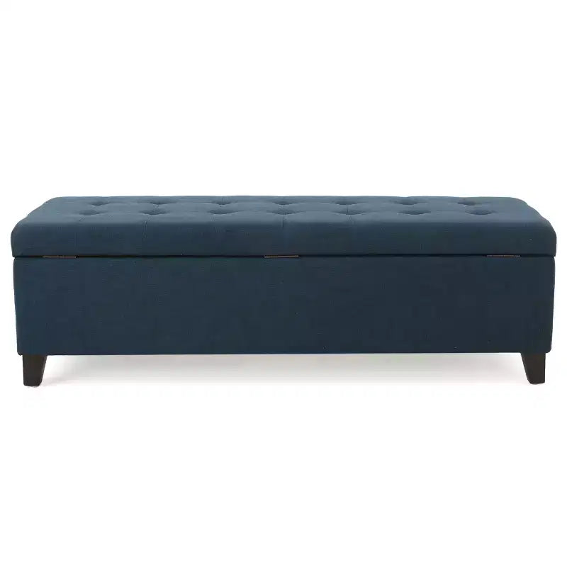 Otoman tapizado con almacenamiento y costura acolchada tipo waffle, banco de almacenamiento con patas de madera, banco para recibidor para sala de estar, azul marino
