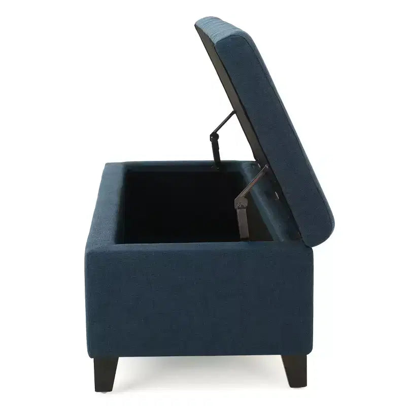 Otoman tapizado con almacenamiento y costura acolchada tipo waffle, banco de almacenamiento con patas de madera, banco para recibidor para sala de estar, azul marino