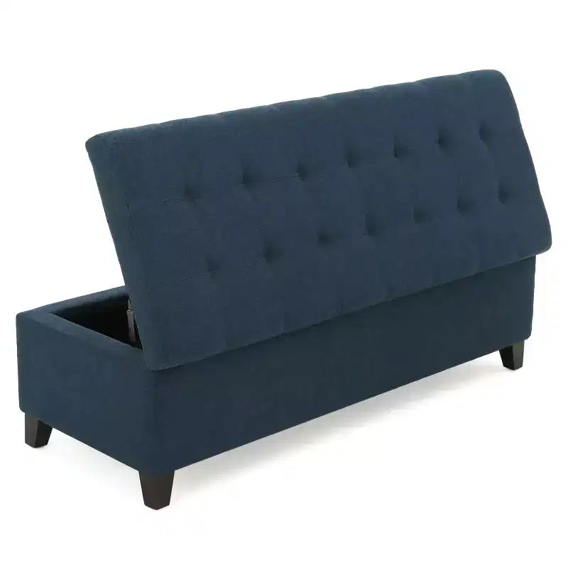 Otoman tapizado con almacenamiento y costura acolchada tipo waffle, banco de almacenamiento con patas de madera, banco para recibidor para sala de estar, azul marino