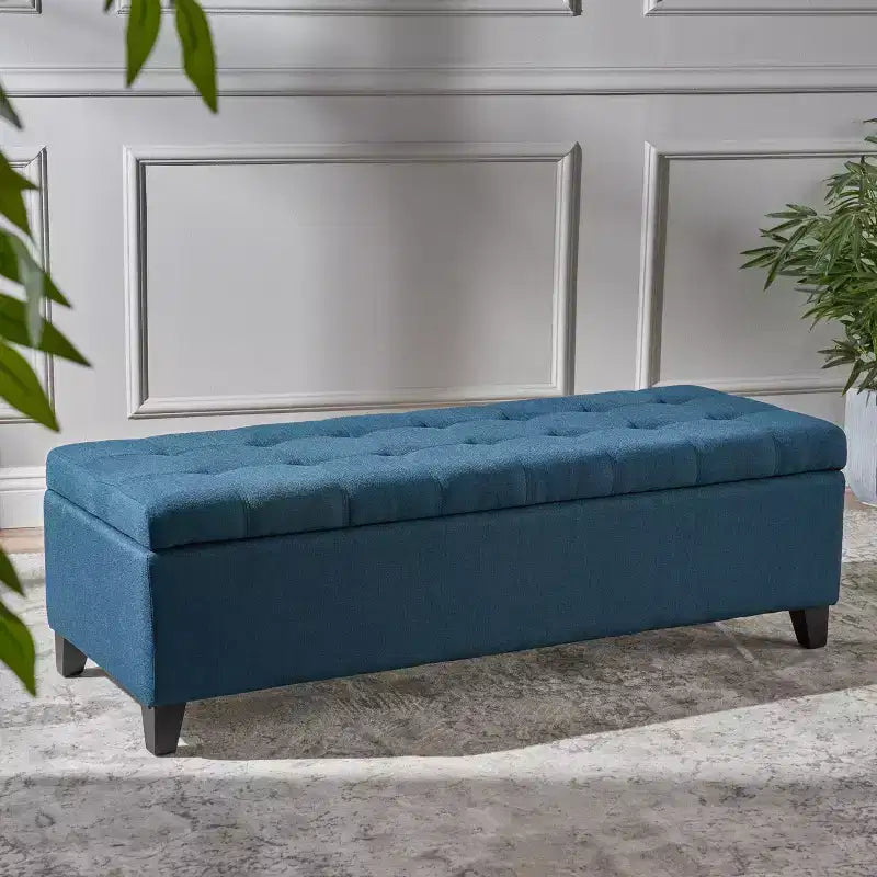 Otoman tapizado con almacenamiento y costura acolchada tipo waffle, banco de almacenamiento con patas de madera, banco para recibidor para sala de estar, azul marino