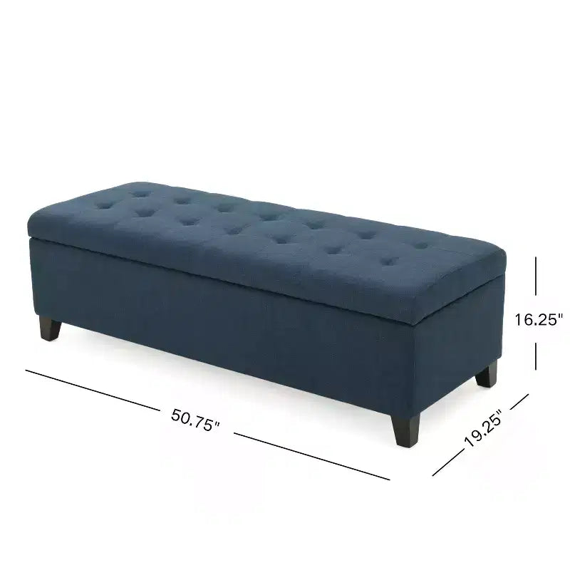 Otoman tapizado con almacenamiento y costura acolchada tipo waffle, banco de almacenamiento con patas de madera, banco para recibidor para sala de estar, azul marino