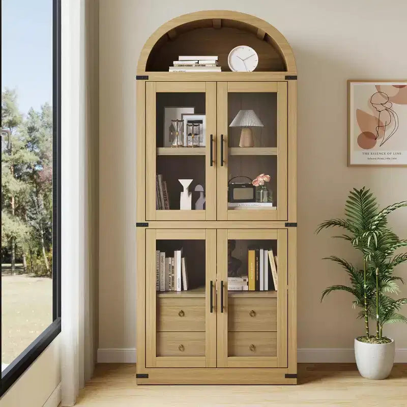 Półka na książki z łukowatym frontem, wysoka biblioteczka z drzwiami i szufladami, szafka do przechowywania w stylu wiejskim do biura domowego, salonu, sypialni