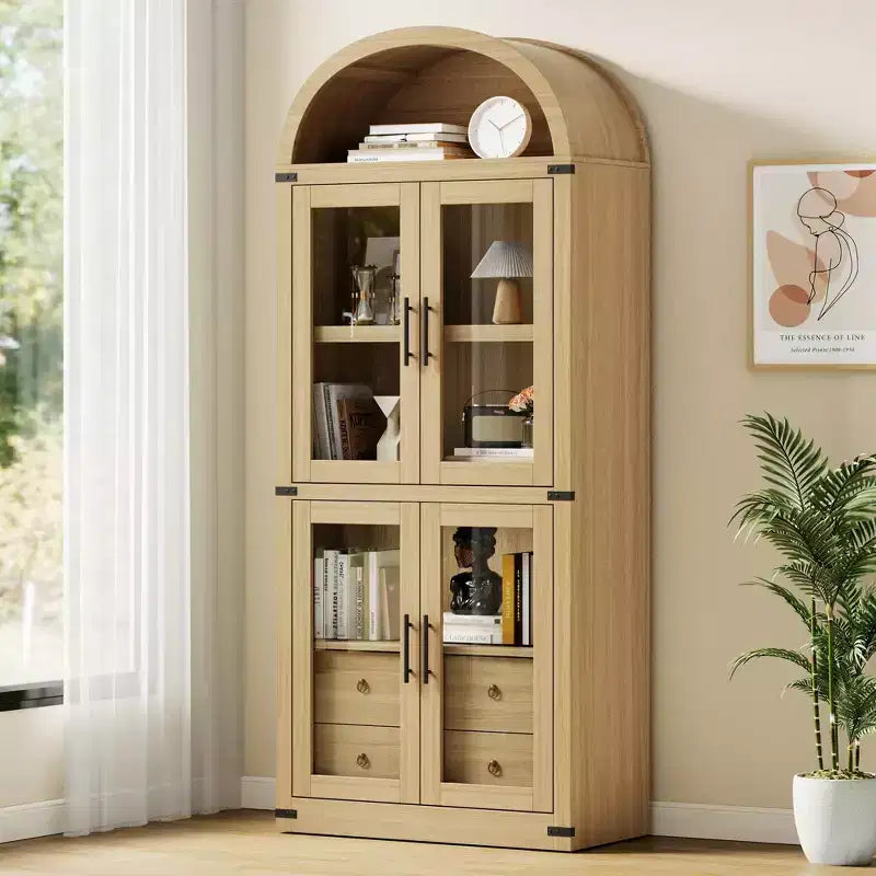 Półka na książki z łukowatym frontem, wysoka biblioteczka z drzwiami i szufladami, szafka do przechowywania w stylu wiejskim do biura domowego, salonu, sypialni