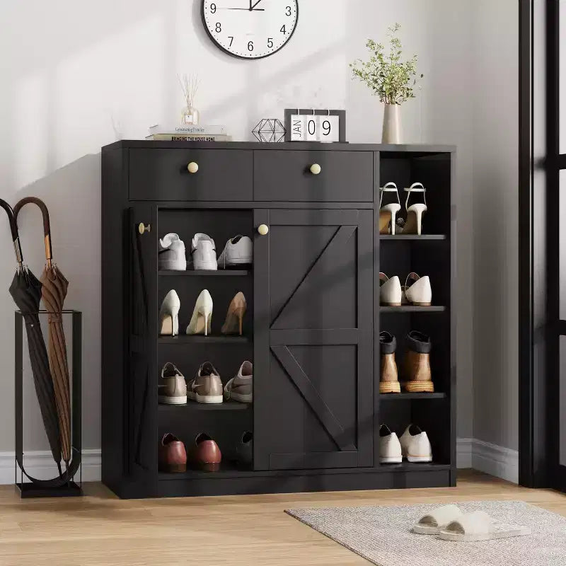 Kapaklı ve Çekmeceli Ayakkabı Dolabı, 42'' Yüksek Modern Ayakkabı Dolabı, Ayarlanabilir Raflar ve Stabil Taban, 4 Katlı Ayakkabı Dolabı