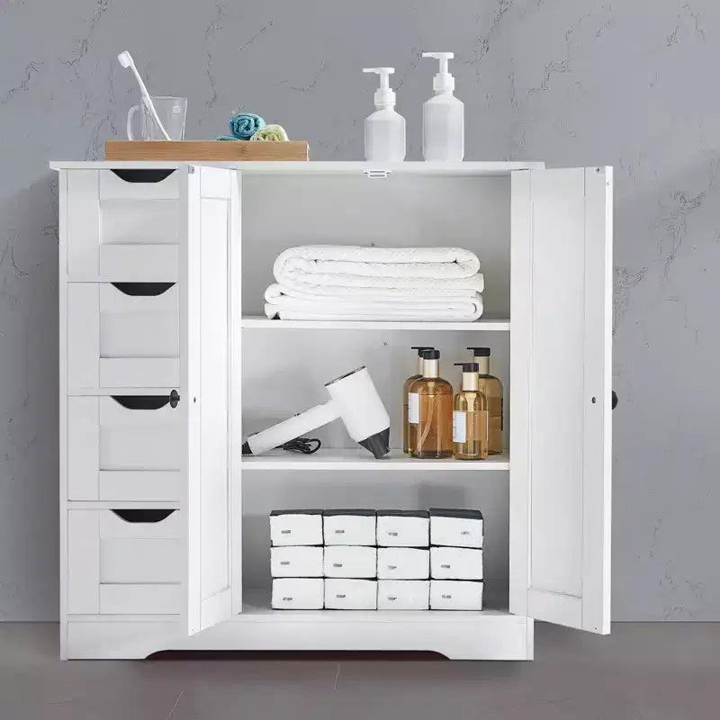 3 Katlı Banyo Yer Dolabı, 2 Kapaklı, 4 Çekmeceli ve Ayarlanabilir Raflı, Beyaz