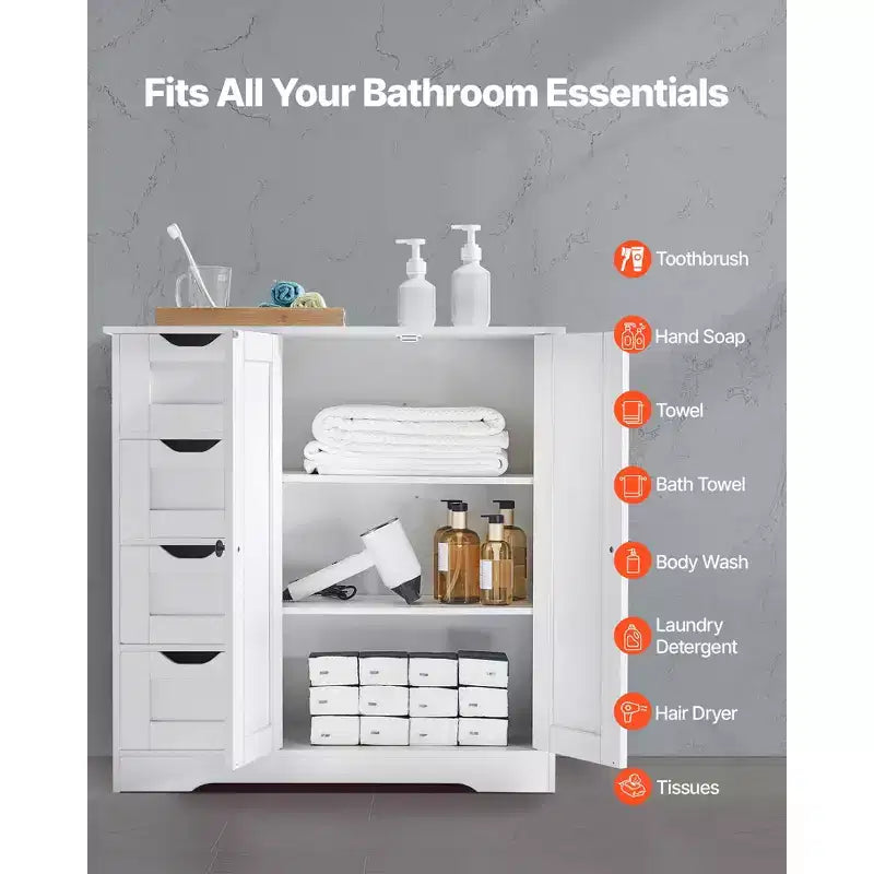 3 Katlı Banyo Yer Dolabı, 2 Kapaklı, 4 Çekmeceli ve Ayarlanabilir Raflı, Beyaz