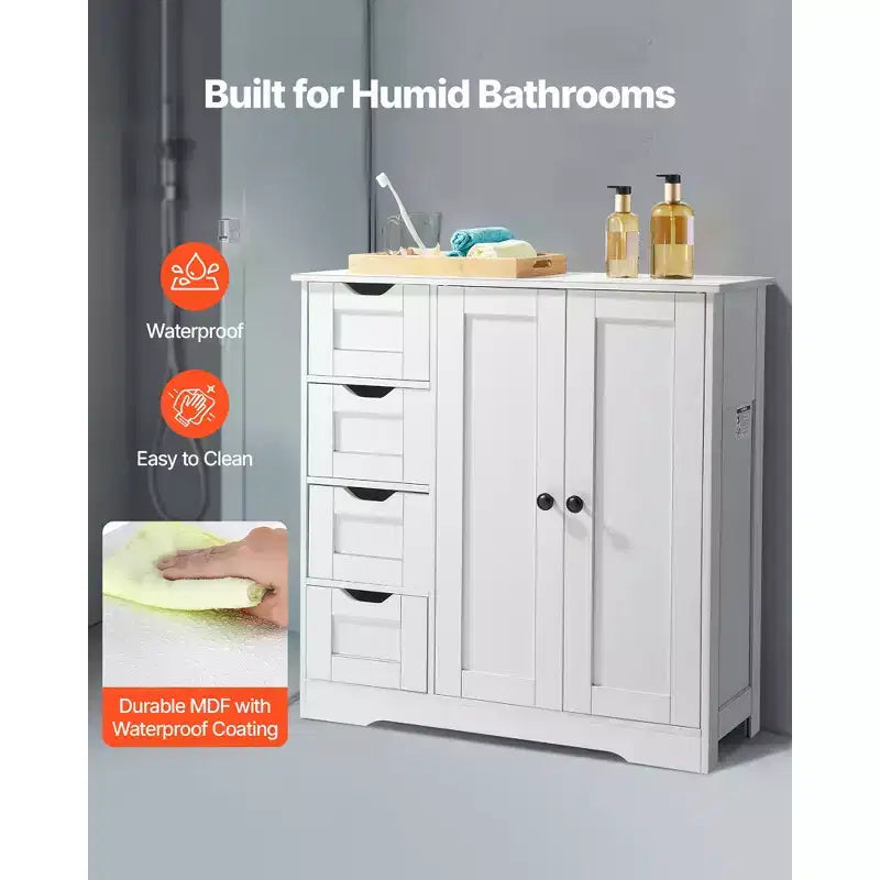 3-Tier Bathroom Floor Cabinet with 2 Doors, 4 Drawers and Adjustable Shelf, White