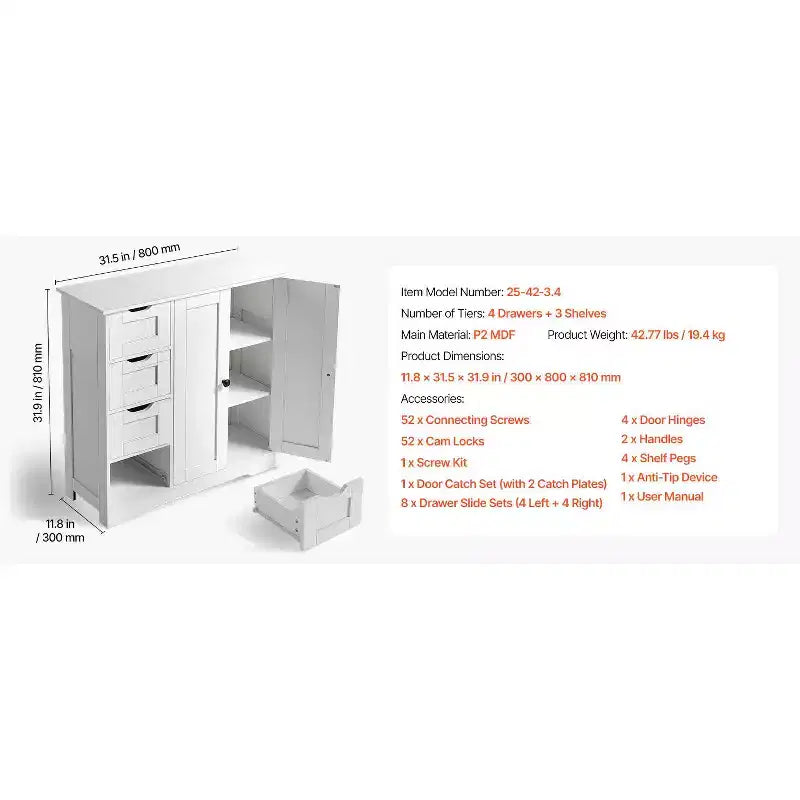 3-Tier Bathroom Floor Cabinet with 2 Doors, 4 Drawers and Adjustable Shelf, White