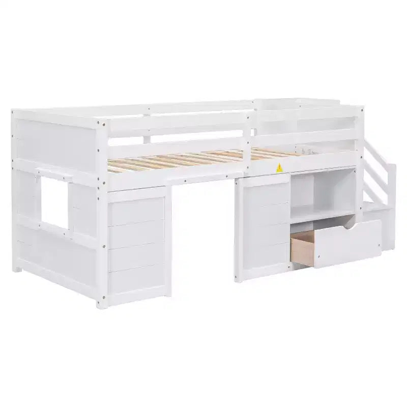 Łóżko typu low loft z litego drewna, rozmiar Twin, 94.6L x 42.3W, ze schodkami, szufladą i półką, nowoczesny i prosty design