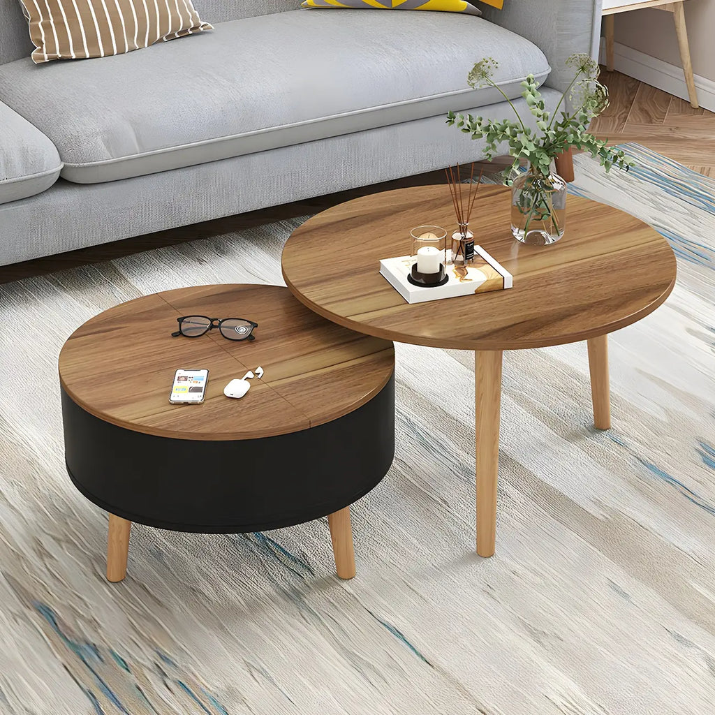 Moderner runder Couchtisch aus Holz in Schwarz und Weiß mit Stauraum
