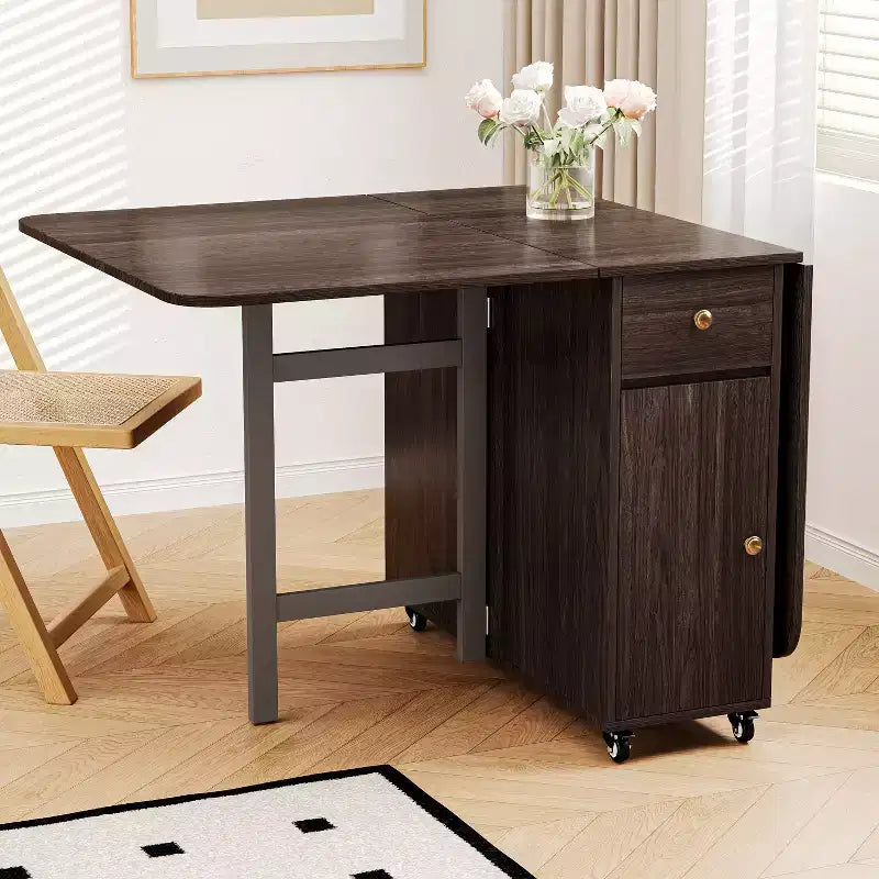 ATJafurn 59' inklapbare eettafel met uitklapbare bladen voor kleine ruimtes, rechthoekige uitschuifbare houten keukentafel met wielen en opbergruimte