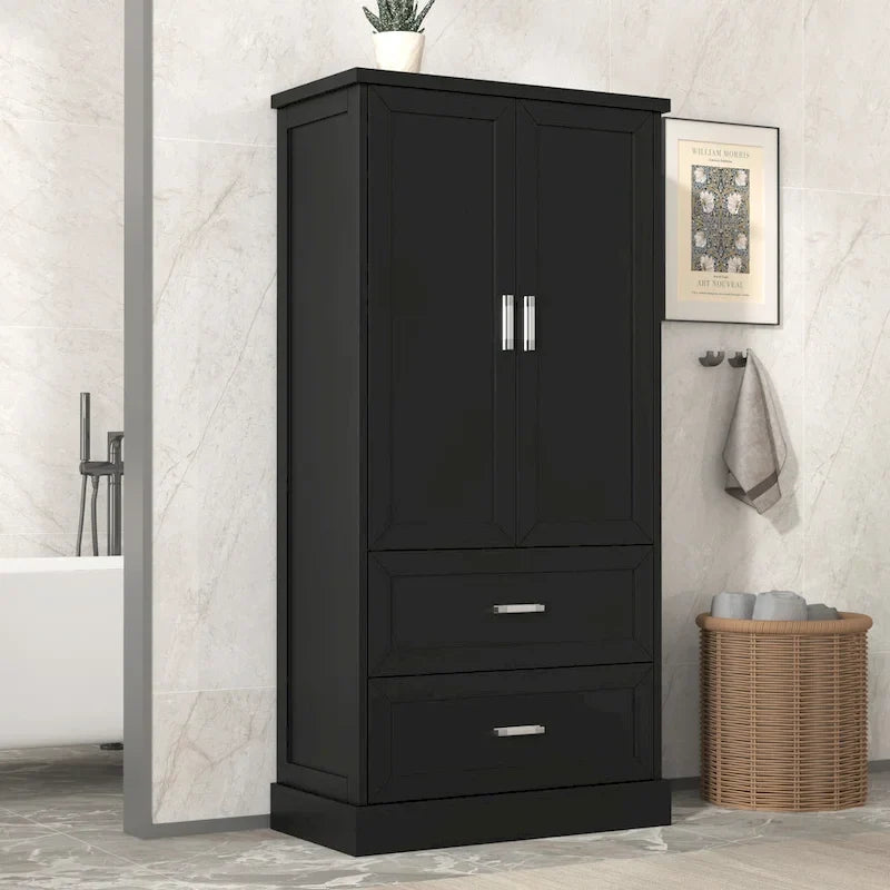 Armoire de rangement haute pour salle de bains avec deux portes et tiroirs, étagère réglable, panneau MDF
