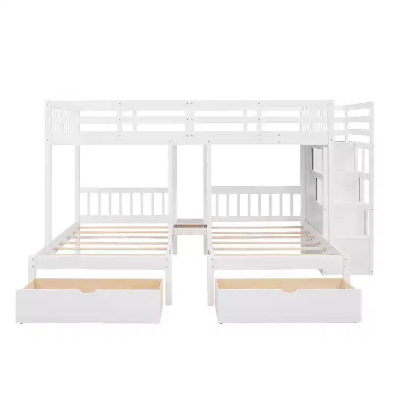 Whisen stapelbed met een twijfelaar boven een eenpersoonsbed en een extra eenpersoonsbed, houten driedubbel stapelbed met laden en valbeveiliging