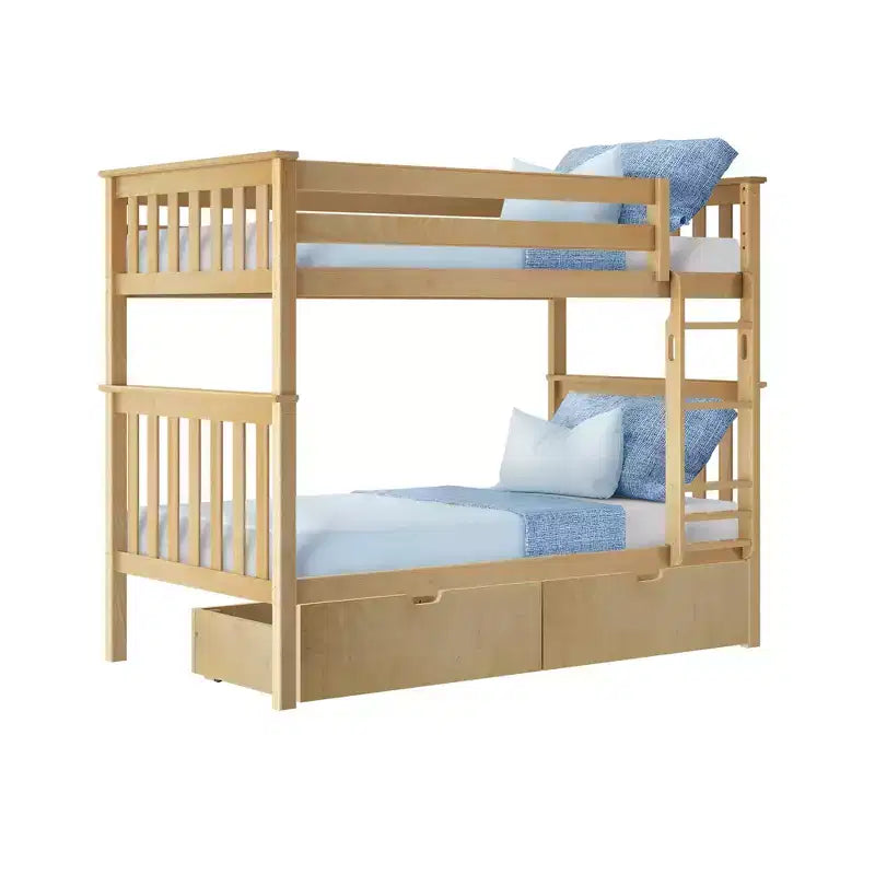 Etagenbett aus Massivholz für Kinder, zwei Einzelbetten übereinander, mit Stauraumschubladen unter dem Bett