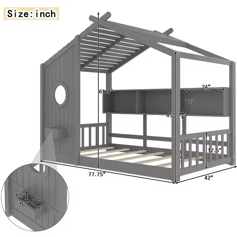 Bodenbett in Hausform mit integrierten Ablageregalen und Latten-Dach